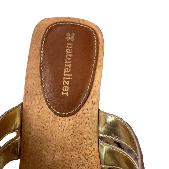 Naturalizer Brown Black Athina Sandals Wooden Slip On Heeled Shoes Size 9W - Picture 2 of 10